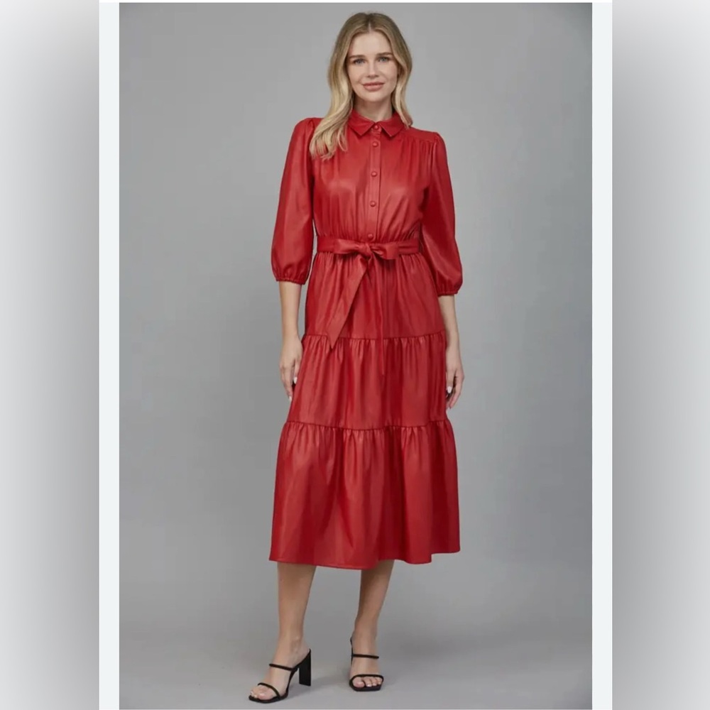 Elan Red Button-Up Tiered Midi Dress